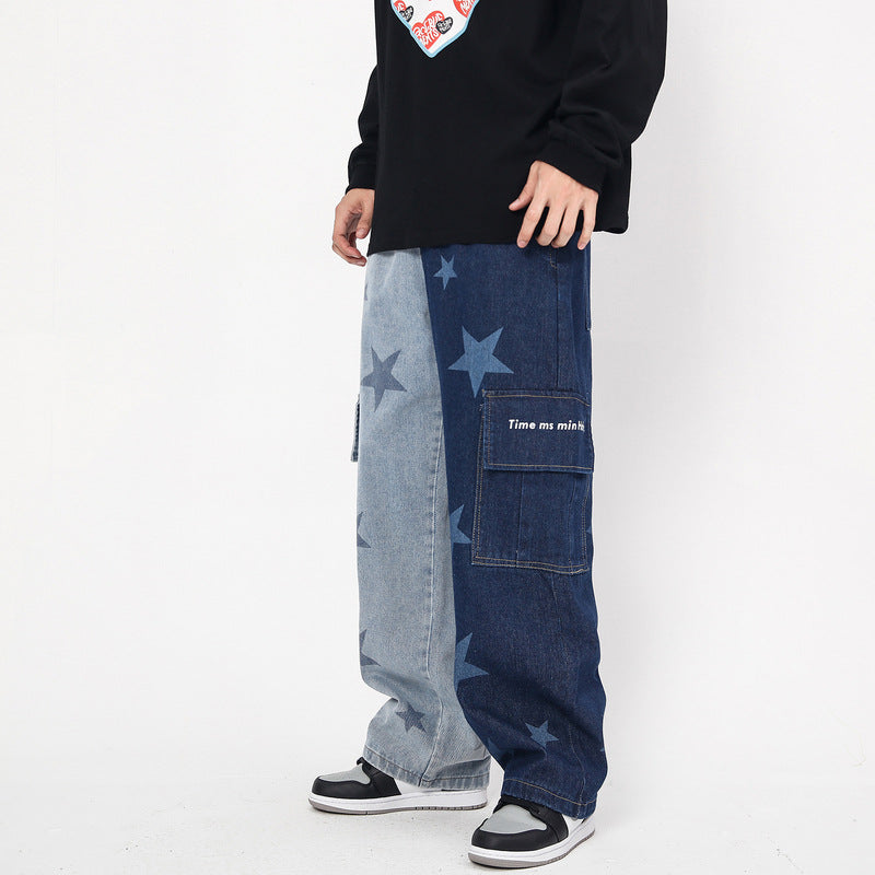 Star Print Two-Tone Multi Pockets Jeans Hip Hop Casual Trousers