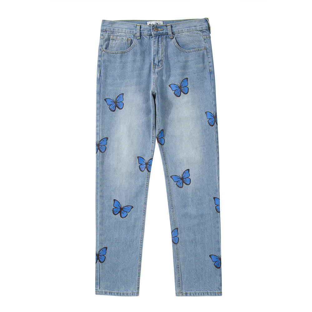 Men's European And American Butterfly Print Washed Jeans