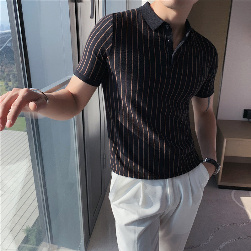 Hanging Dark Stripe Hollow Knitted Short Sleeve T-shirt