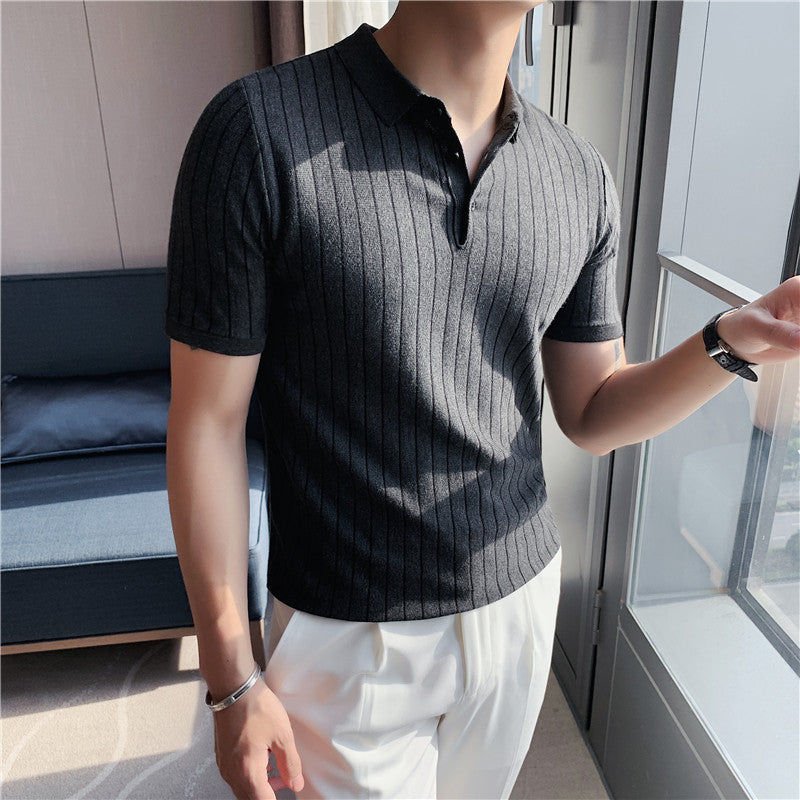 Hanging Dark Stripe Hollow Knitted Short Sleeve T-shirt