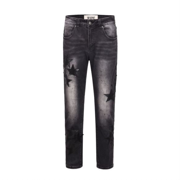 Loose Stitching Yellow Washed Five-pointed Star Leather Pattern Jeans