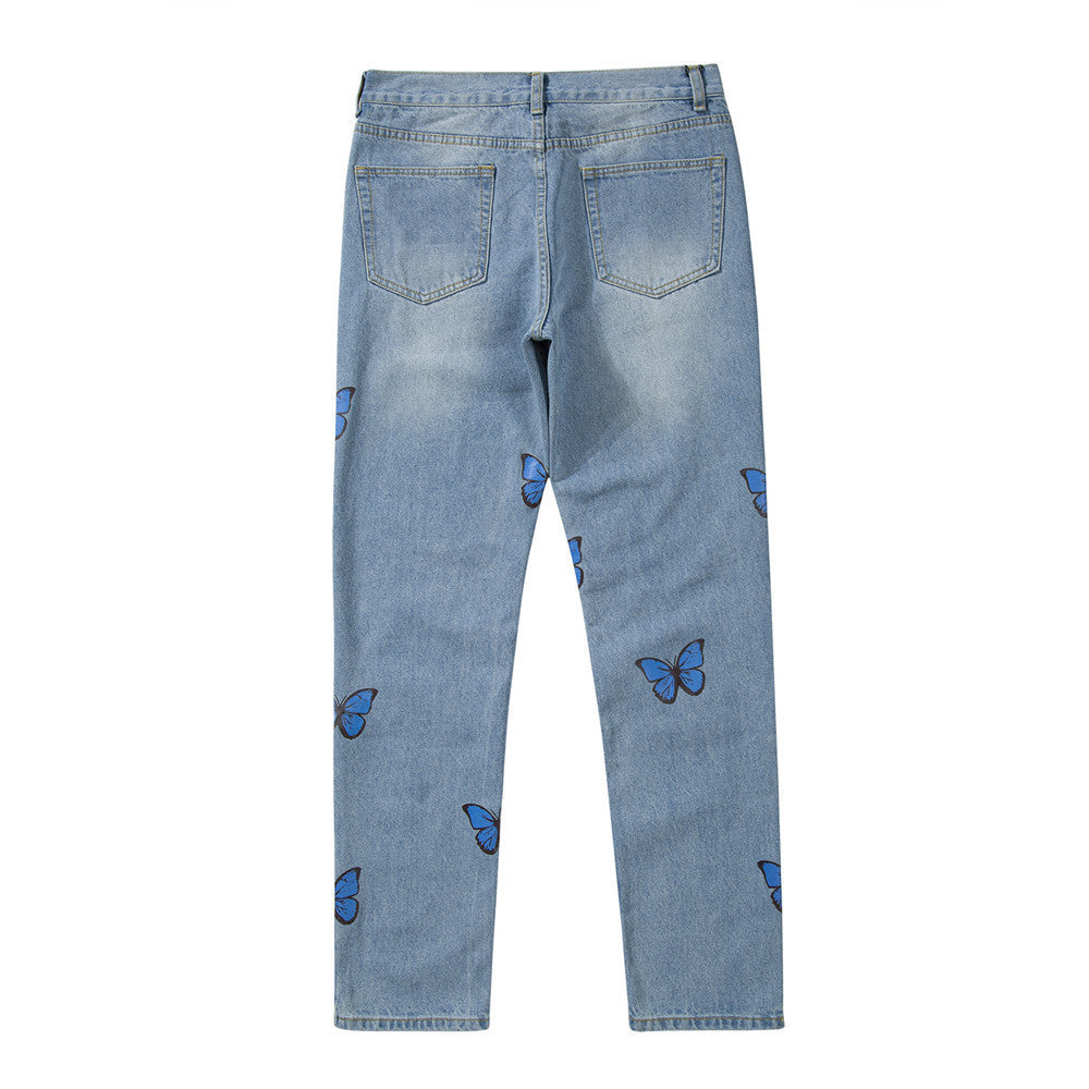 Men's European And American Butterfly Print Washed Jeans