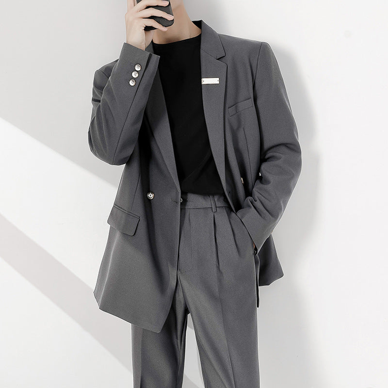 Two-piece Men's Solid Color Loose Stretch Suit