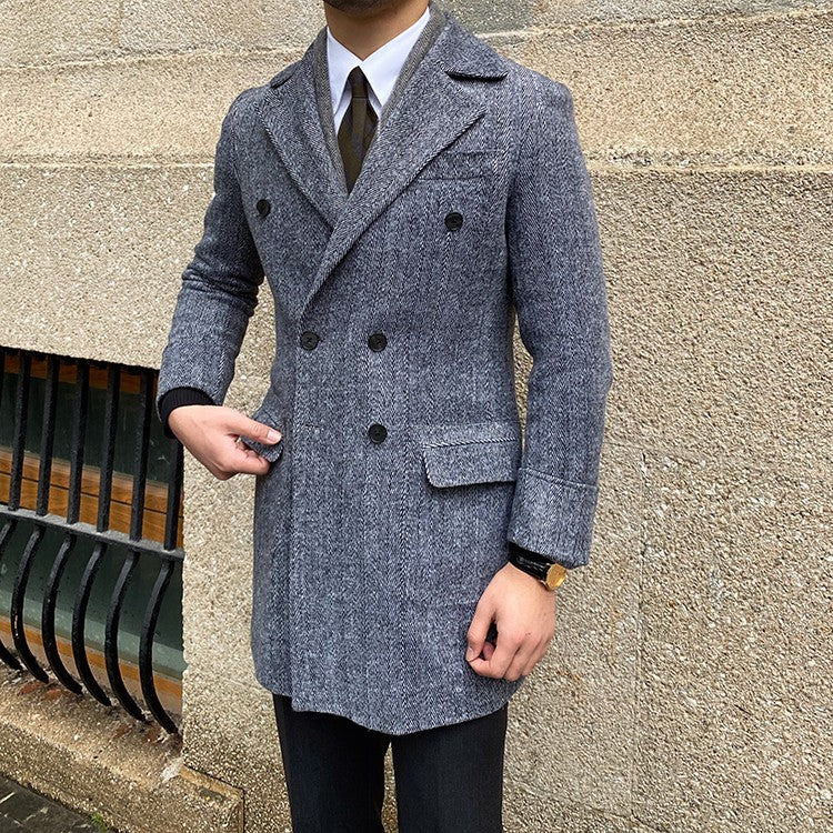 Daily Double Row Mid-length Tweed Coat Men