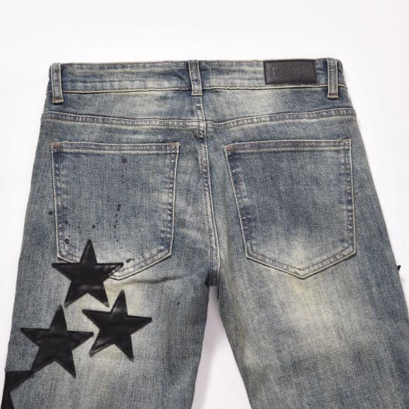 Loose Stitching Yellow Washed Five-pointed Star Leather Pattern Jeans