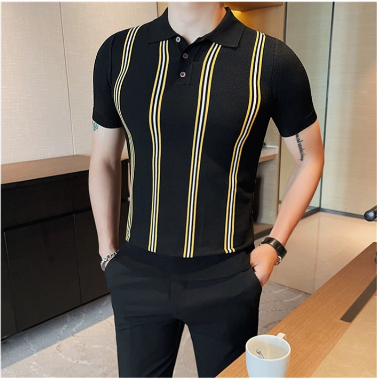 Men's Summer Knitted Cool Slim Fit Lapel Half Sleeve T-shirt