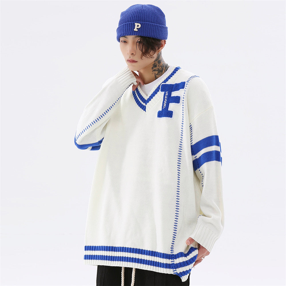 Colorblock Letter Embroidery V-Neck Personality Pullover Sweater For Men