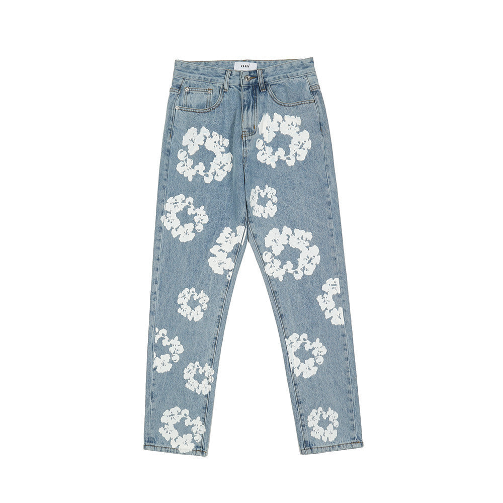 Washed Distressed Jeans With Full Print Of Flowers