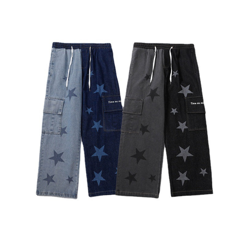 Star Print Two-Tone Multi Pockets Jeans Hip Hop Casual Trousers