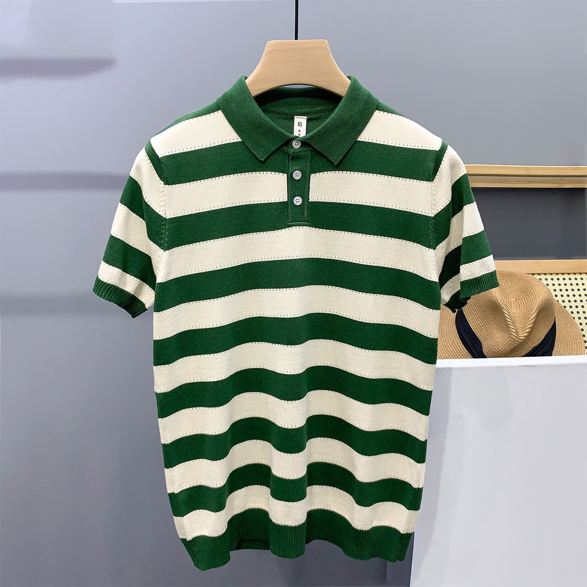 Striped Ice Silk Knitted Polo Shirt Men's Short Sleeve Thin Style Lapel T-shirt Men's Half Sleeve