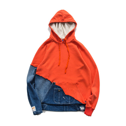 Mid-washed Denim Stitching Hooded Sweater Men's Casual Top