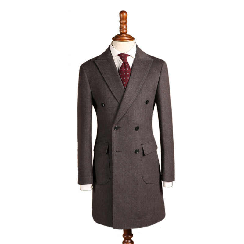 Herringbone Woolen Slim Fit Men's Mid Length Double Breasted Coat