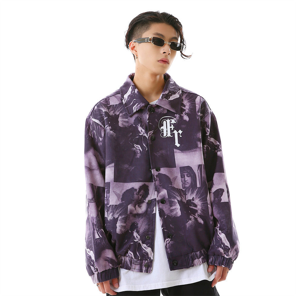 Tide Brand Portrait Full Print Letter Lapel Jacket Men's Loose