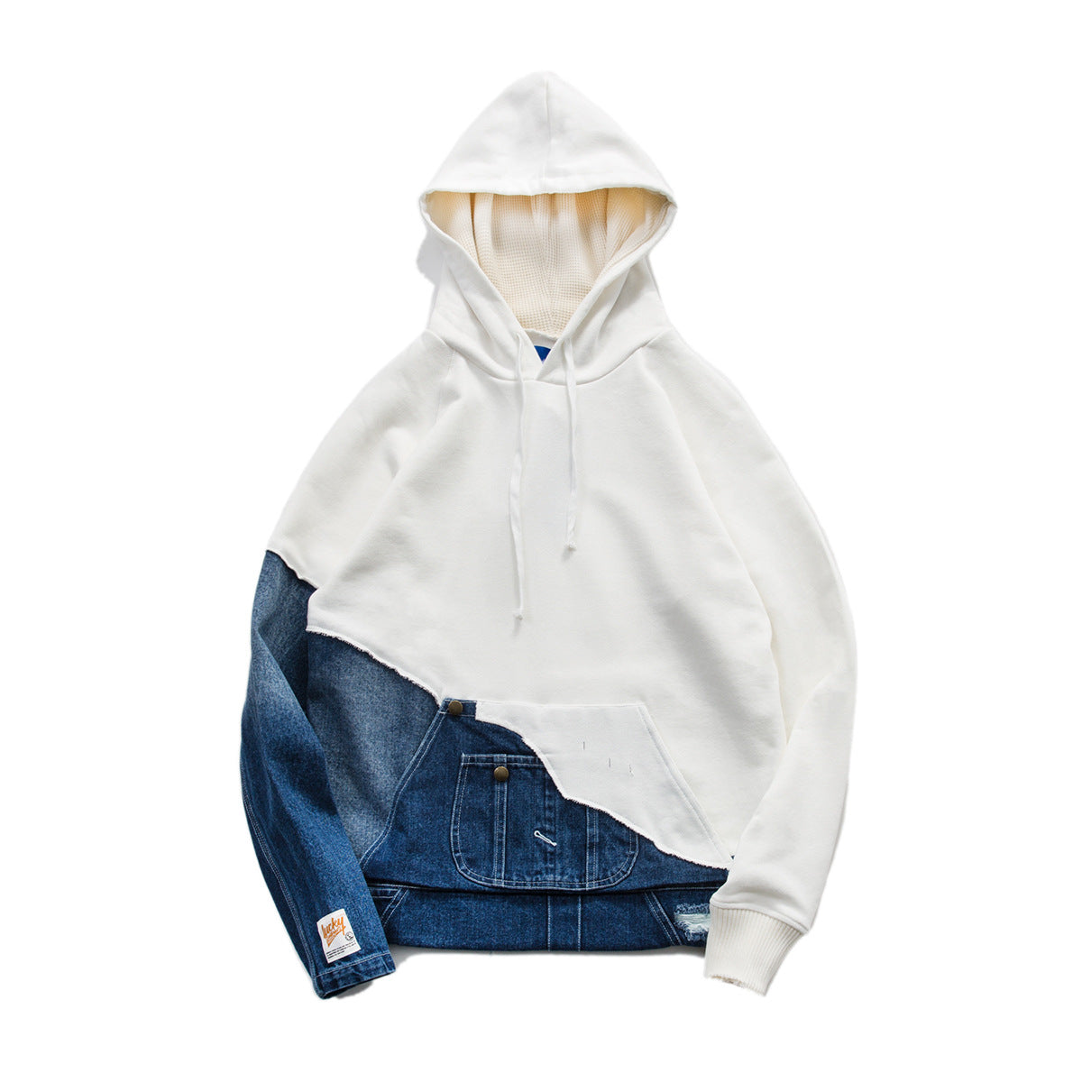 Mid-washed Denim Stitching Hooded Sweater Men's Casual Top