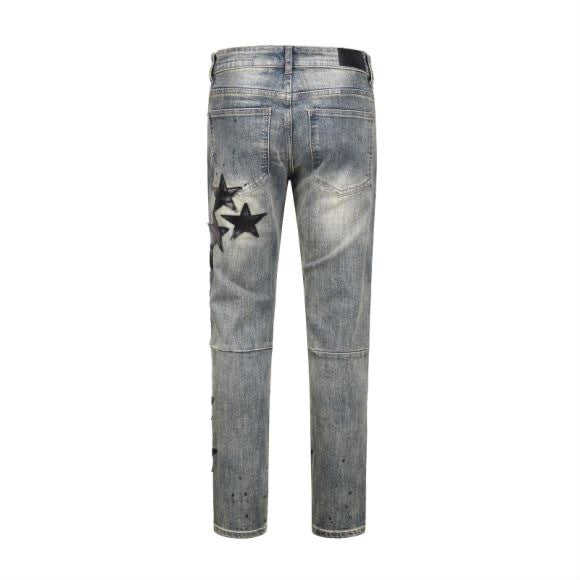 Loose Stitching Yellow Washed Five-pointed Star Leather Pattern Jeans